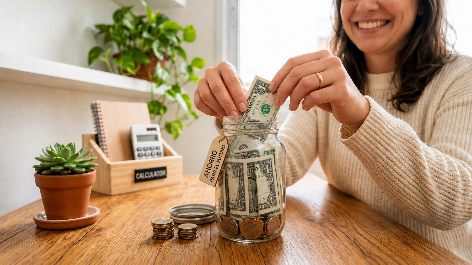 Persona guardando dinero en un frasco de vidrio para ahorrar dinero con un salario bajo