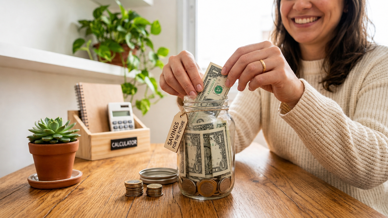 Person putting dollar bills in a glass jar to save money on a low income